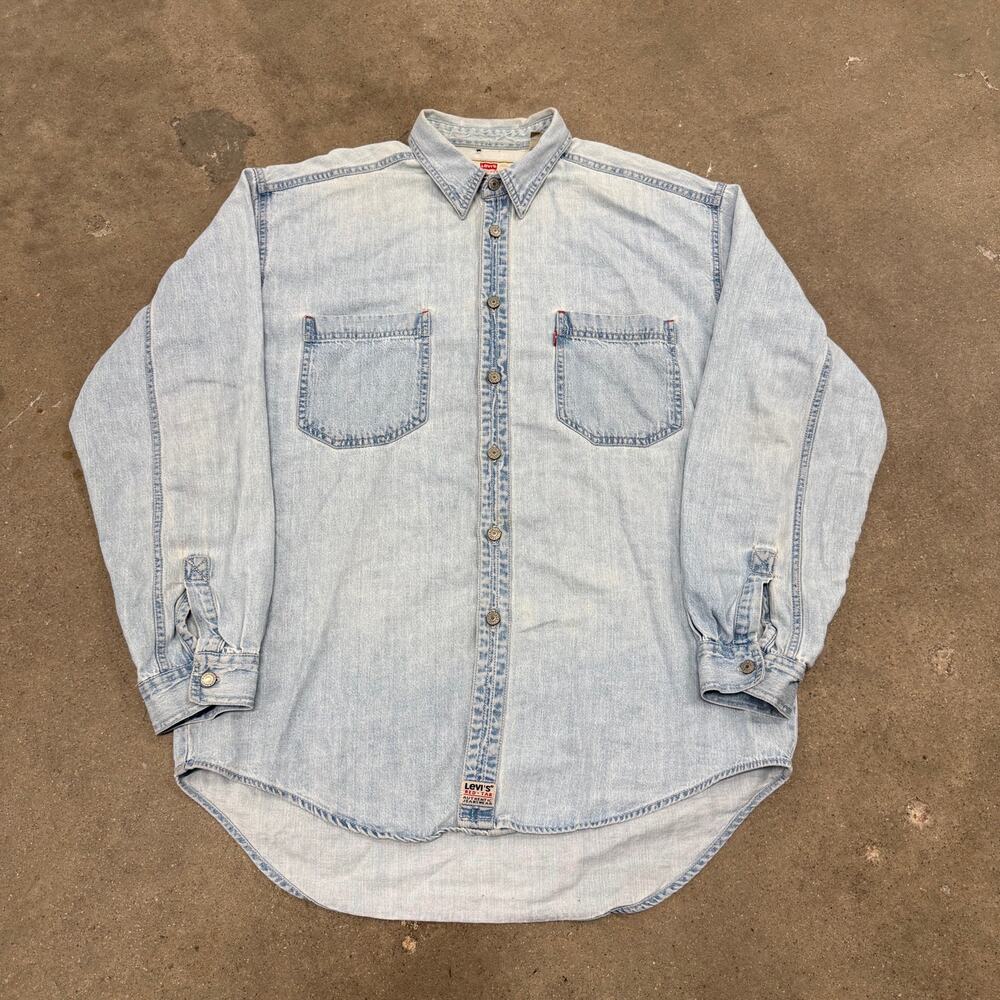 Vintage 90s Levis Denim Button Down Light Wash Shirt Western Distressed Large